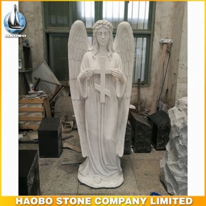 Marble White Angel Statue With Cross