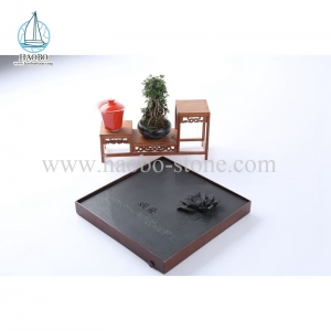Black Granite Lotus Carving Stone Tea Tray HAOBO-STONE