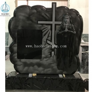 Black Granite Maria Carving Headstone HAOBO-STONE