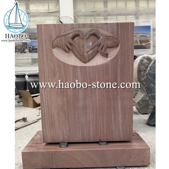 Wooden Sandstone Hands with Heart Carving Gravestone HAOBO-STONE